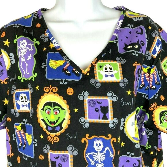Halloween V-Neck Scrub Top Large by SB Scrubs Black Cotton Fun Holiday Print - Picture 2 of 8